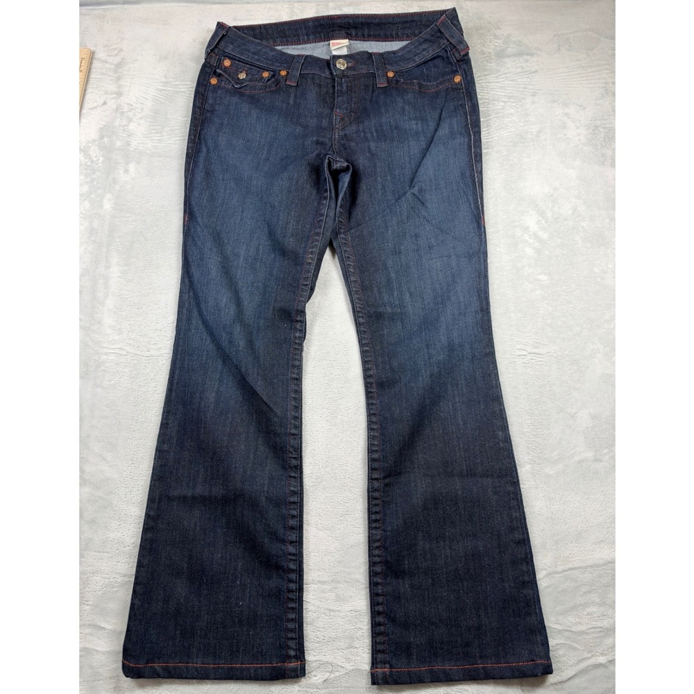 True Religion Womens 32 Bootcut Jeans Y2K Dark Wash Red Stitch Flap Pocket USA